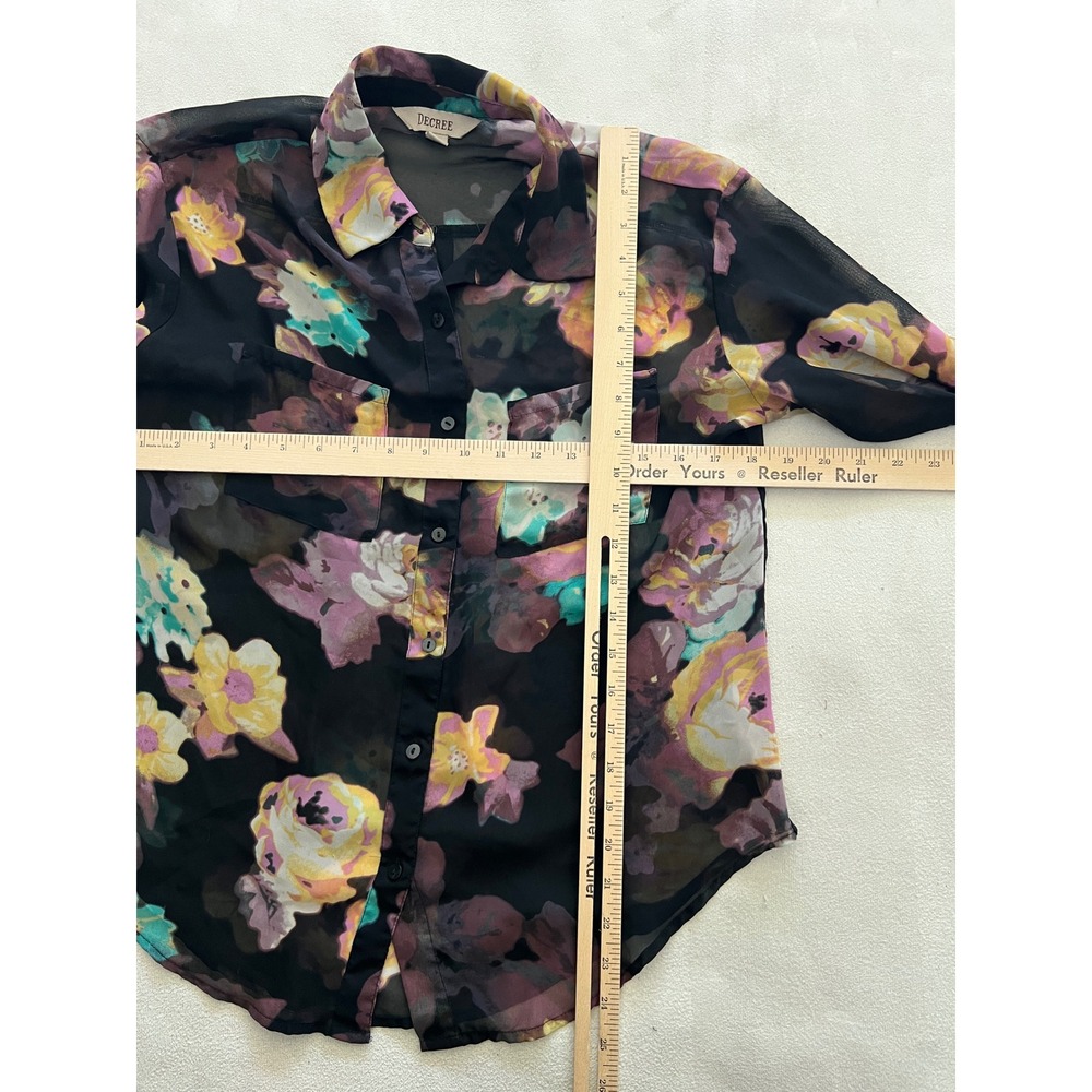 Decree Women Black Floral Sheer Button Down Blouse Long Sleeve Shirt Size M - Picture 5 of 13